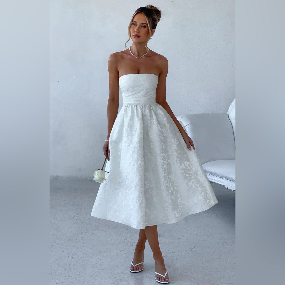 Strapless White Midi Dress - Elegant Textured A-Line